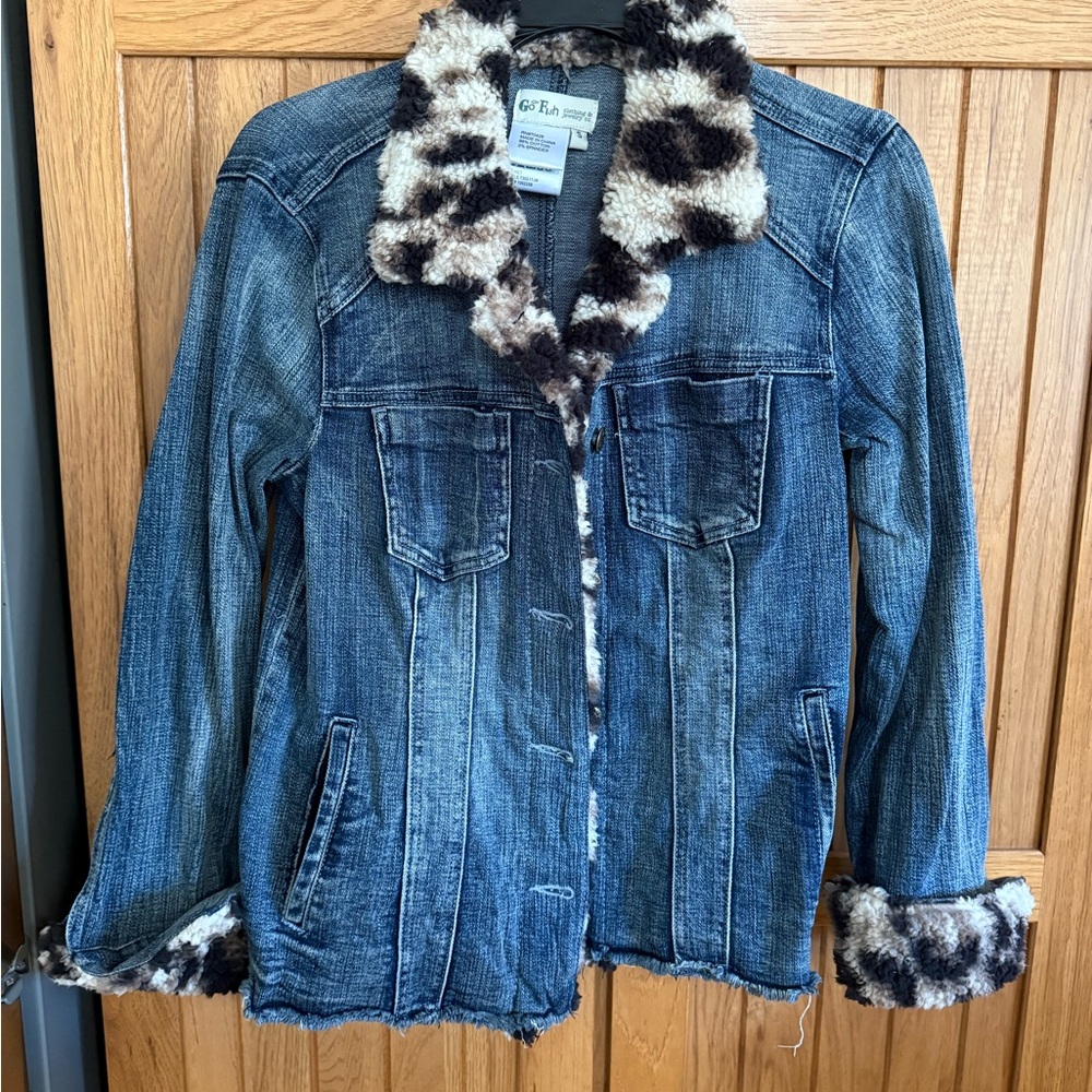 Denim frayed edge Jacket with Faux Fur Trim